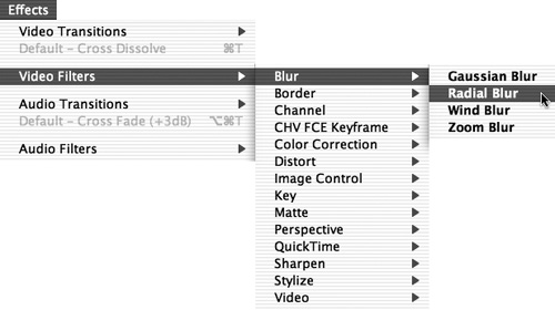 Choose Effects > Video Filters; then select a filter from the submenus.