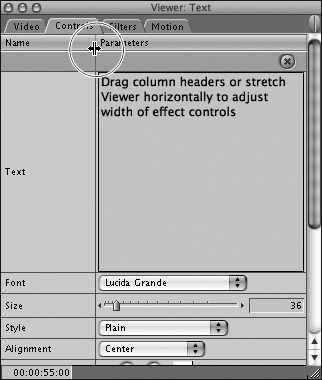 Drag the column headers on the Filters, Controls, and Motion tabs to adjust the width of the effect controls.