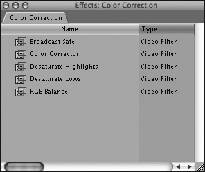 These five filters make up FCE’s color correction suite. Some, like the Color Corrector, are general-purpose color correction tools; others, like the Desaturate Highlights filter, have special uses.