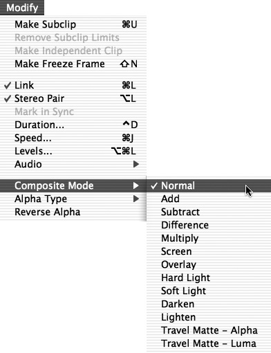 Choose Modify > Composite Mode and then select a Composite mode from the submenu. You can also access Composite modes from a Timeline clip’s shortcut menu.