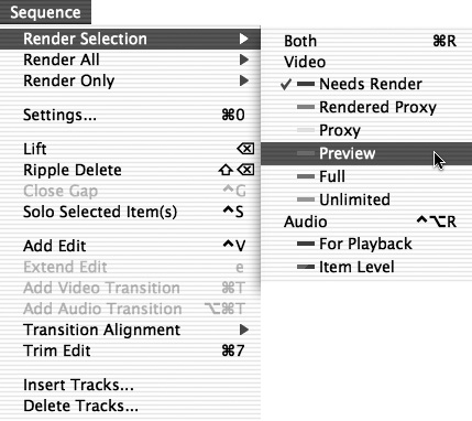 Choose Sequence > Render Selection (or Sequence > Render All) and then specify which render types you want to include in this rendering operation by selecting those items from the submenu. Making a selection toggles the checked status on or off; you’ll have to select multiple times if you want to include or exclude multiple render types.