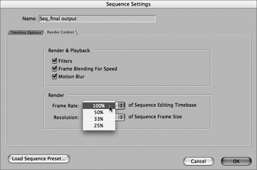 Review or adjust the image quality of your rendered material on the Render Control tab of the Sequence Settings window.