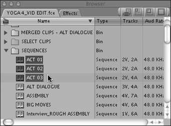 You can use the Render All command to render an entire sequence, but you can also use it to batch render multiple sequences. Select the sequences that you want to batch render in the Browser.