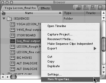 To view a sequence’s format settings, Control-click the sequence in the Browser and then choose Item Properties from the shortcut menu.