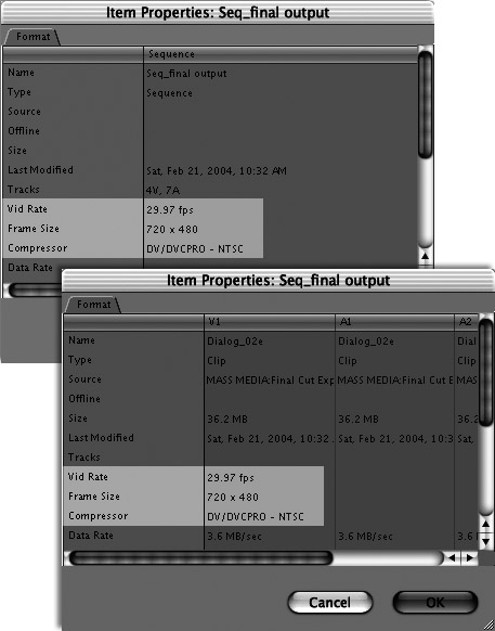 The clip’s Item Properties window compared with the sequence’s Item Properties window. Compare the Vid Rate, Frame Size, and Compressor settings in the two windows. Highlighted settings must match for the sequence to play in real time.