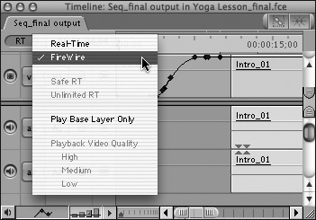 When FireWire output is selected, both RT and Video Playback quality options are dimmed. By default, FCE’s FireWire output mode plays back non-rendered sections of your selected sequence or clip at High playback quality, overriding the image quality you selected for real-time playback in the Playback Video Quality section of the Timeline’s RT pop-up menu.