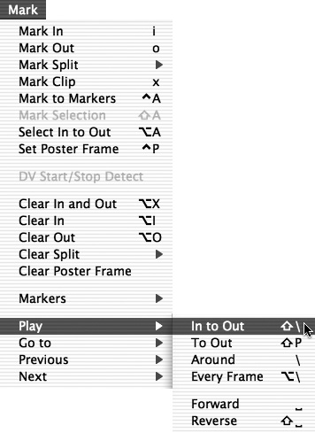 Choose Mark > Play and then select a play option from the submenu. In to Out plays only the portion of your sequence between the In and Out points.