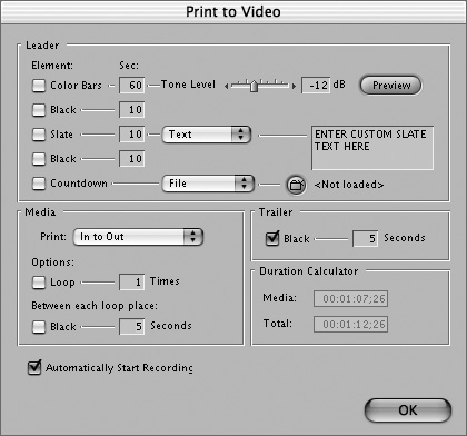 Select the pre-program elements you want to include in your video tape copy from the Print to Video dialog box.