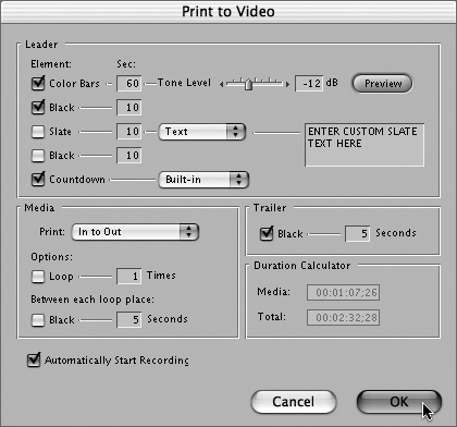 Select the pre-program elements you want to include in your video tape copy and then click OK.