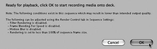 If render quality settings on this sequence’s Render Control tab specify less than full quality, FCE will display this warning dialog box. Click OK to proceed or cancel the operation and adjust your render quality settings.