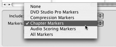 Choose Chapter Markers from the Markers pop-up menu to export chapter markers for use in iDVD 3 or DVD SP.