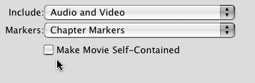 Uncheck the Make Movie Self-Contained box to create a compact reference movie you can use in another processing program like iDVD 3 or DVD SP.