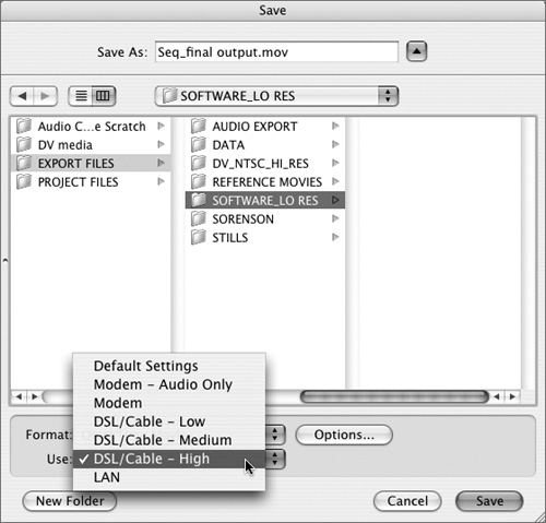 Choose one of the Export Settings presets from the Use pop-up menu. These are the export presets available for the QuickTime Movie export format.
