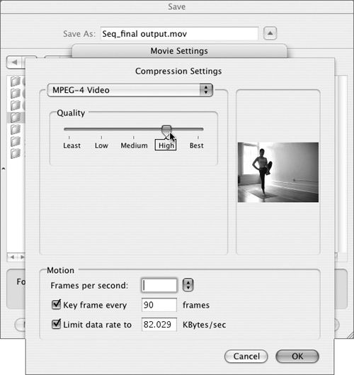 In the settings dialog boxes, confirm or modify the export format settings and click OK. Export options will vary according to the format you’ve selected. These are the settings dialog boxes for the MPEG 4 Video codec.