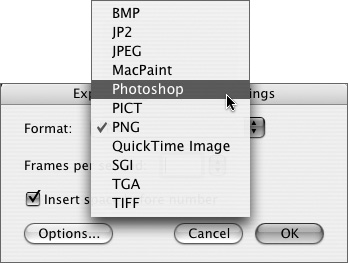 Selecting Photoshop as the export format from the pop-up menu in the Export Image Sequence Settings dialog box.