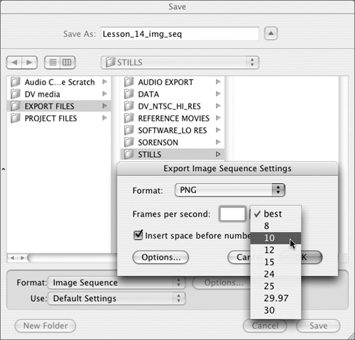 Select an export format from the pop-up menu at the top of the dialog box and select a frame rate for your image sequence; then click OK.