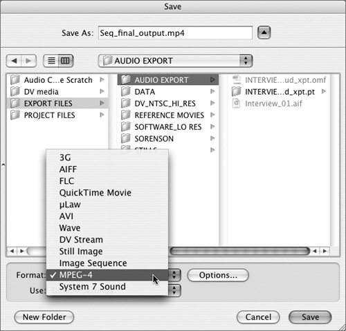 Choose File > Export > Using QuickTime Conversion and then select an audio format from the Format pop-up menu. AIFF, µLaw, and Wave are all audio formats.