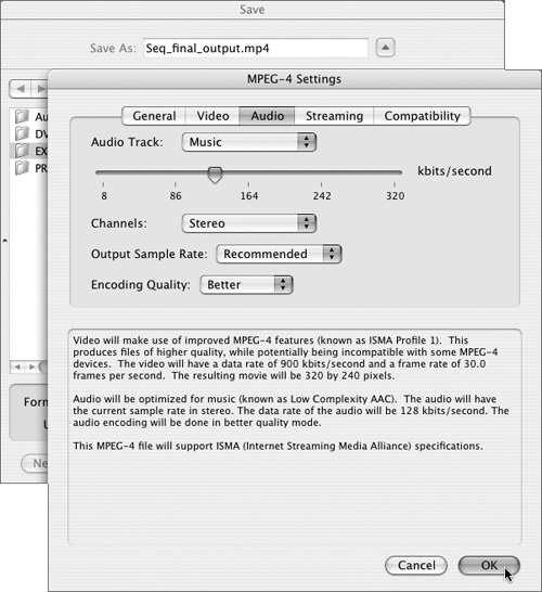 Select data-rate and compression settings from the Sound Settings dialog box and then click OK.