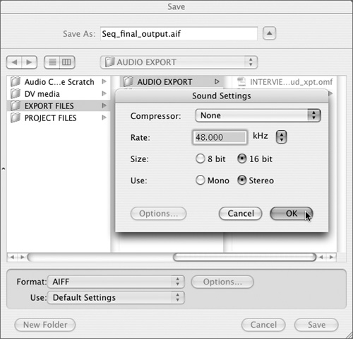In the Sound Settings dialog box, select sample-rate and compression settings; then click OK.