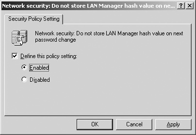 Disabling LM hashes using Group Policy.