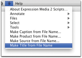 This script from Expression Media lets you write the file name to the IPTC Title field, which is very useful if you’re going to rename files and want to keep a record of the old file name.