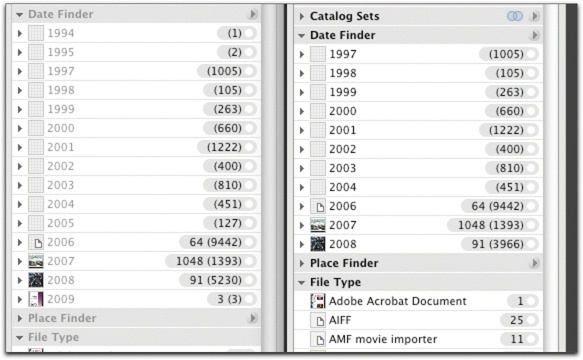 You can catalog two sets of images—in this case on two different drives—and open the date panel to find likely duplication. Files from 1997–2007 (with the exception of 2005)are likely the same on these two drives.