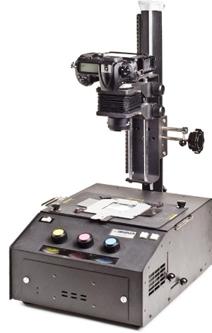 The Beseler Dual Mode Slide Duplicator is a great device to use for camera scans, if you can find one. They are no longer made, but show up regularly on eBay. This device can accommodate film of varying formats.