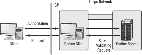 The RADIUS client manages the local connection and authenticates against a central server.