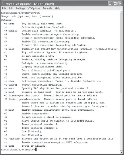A Unix version of SSH, showing a list of available command-line options