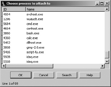 Debugger process-selection dialog