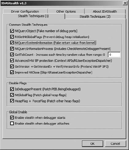 IDAStealth configuration dialog