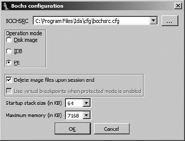 Bochs debugger options dialog