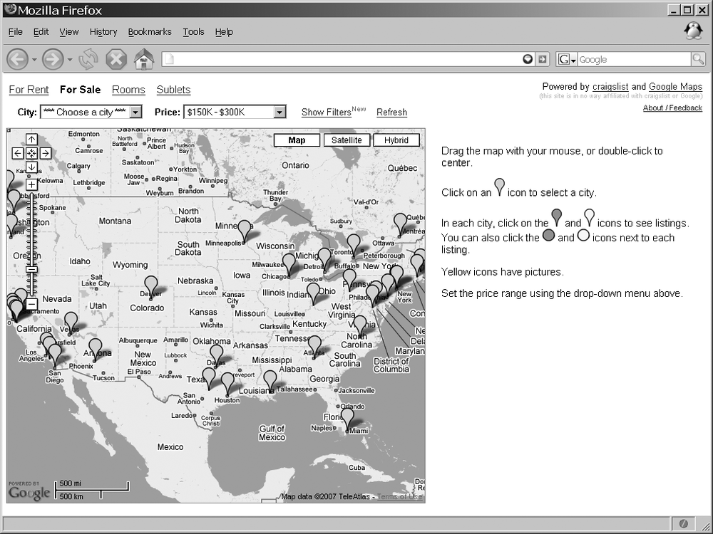 The first noticeable mashup, http://www.housingmaps.com/, created by Paul Rademacher