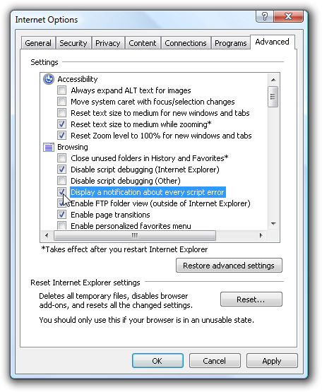 Enabling JavaScript errors in Internet Explorer