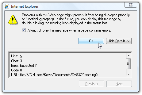 A JavaScript error notification in Internet Explorer