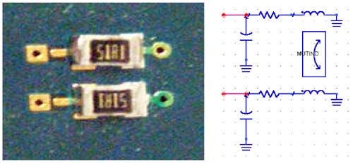 Two surface-mount 0805 resistors and their equivalent circuit model. This model has been verified up to 5 GHz.