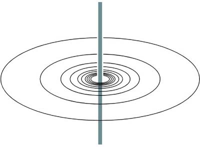 Some of the circular magnetic-field line loops around a current. The loops exist up and down the length of the wire.