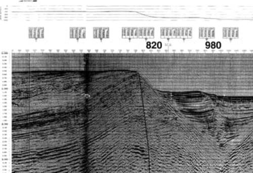 A large branch of the Philippine Fault, projected in from subsurface data and nearby surface maps from the island of Masbate. Large fault offsets magnetic basement represented by the bold reflections at sp 820 at 2.70 sec. The fault surface is nearly vertical. A minor splay images near sp 980, where the seismic stratigraphy and bed dips change across the fault surface.
