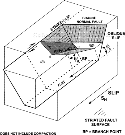 Perspective view of a synclinal, rollover structure forming along an inclined strike-slip fault. The strike-slip and branch normal faults form a releasing bend, and the strike-slip fault may be throughgoing. Slip vector is parallel to the strike direction of the strike-slip fault surface. The dip domain panel adjacent to the strike-slip fault dips away from the strike-slip fault, as the domain situated across the synclinal fold axis dips toward the branch fault surface. This fold style occurs along the San Gabriel Fault as the Ridge Basin Syncline (Fig. 12-24). Synclines may emanate from inclined, releasing bends subject to large components of strike-slip motion. Figure is not drawn to scale.