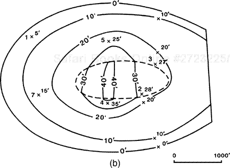(a) Net gas isochore map based on equally and proportionally spaced contours. (b) Net gas isochore map with the contour spacing based on walking Wells No. 2 and 3 through the wedge. Compare this map to that shown in Fig. 14-19a.