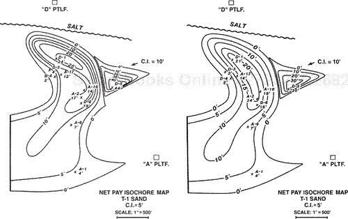 (a) Net pay isochore map for the T-1 Sand, Reservoir A. The net pay values for the deviated wells from Platforms A and D were corrected only for wellbore deviation. (b) Net pay isochore map for the T-1 Sand, Reservoir A. The net pay values for the deviated wells from Platform A and D were corrected for wellbore deviation and bed dip. Compare the net pay value for each well with those shown in Fig. 14-27a.