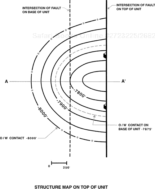 Structure map on top of a reservoir shows the intersections of a fault with the top and base of the unit. These two intersections are required in mapping the fault wedge.