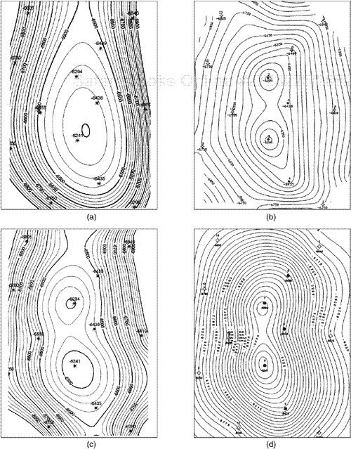 (a) - (f) Six structural contour maps using various gridding methods for the same data set.