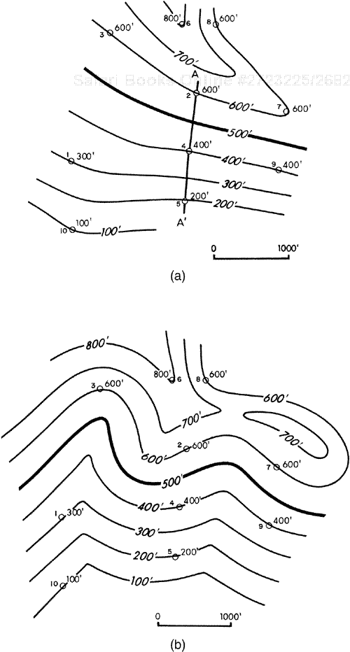 (a) Mechanical contouring method. (b) Equal-spaced contouring method. (c) Parallel contouring method. (d) Interpretive contouring method.