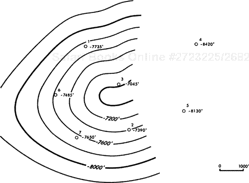 (a) Partially completed structure map on the 7000-ft Horizon. (b) Integration of the fault and structure maps to identify the intersection of the fault surface with the upthrown fault block of the 7000-ft Horizon. (c) Structure map shows the delineation of the upthrown trace of Fault A and the projection of form contours into the downthrown fault block. (d) Integration of the fault and structure maps to identify the intersection of the fault surface with the downthrown fault block of the 7000-ft Horizon. (e) The final, integrated structure map for the 7000-ft Horizon.