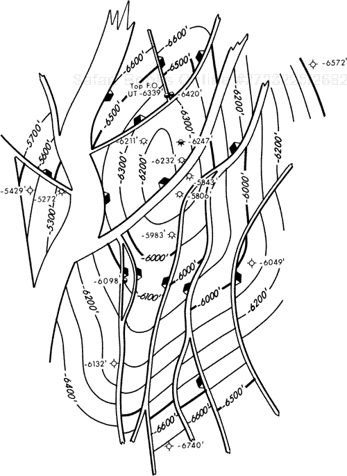 An integrated structure map of a very complexly faulted anticlinal structure. Each fault was integrated with the structural interpretation as shown in Fig. 8-21.
