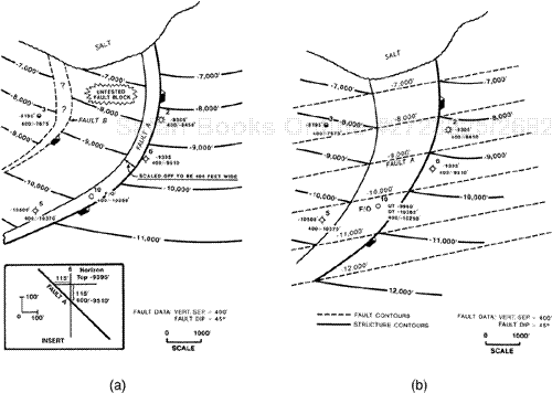 (a) Portion of a structure map on a steeply dipping horizon on the flank of a piercement salt dome. The map was incorrectly prepared using the Rule of 45 to position the fault traces. Although the fault is dipping at 45 deg, the Rule of 45 is not applicable because the beds are not horizontal. (b) Correctly contoured structure map based on the integration of the structural interpretation with the fault surface map. Compare this map to that shown in Fig. 8-30a.