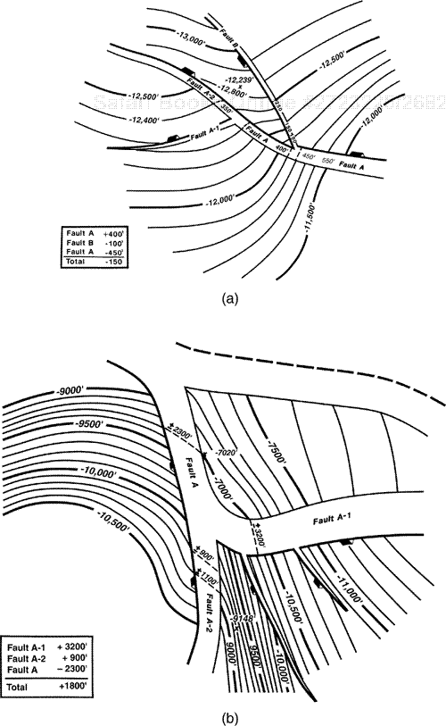 (a) Vertical separation is not conserved around the intersection of Faults A and B. This mapping bust appears to be the result of incorrect contouring and the failure to integrate the fault and structure maps. (b) The failure to conserve the vertical separation around the intersection of Faults A-1 and A-2 in this example is significant. This mapping bust is probably due to a seismic correlation mis-tie across one or both of the intersecting faults.