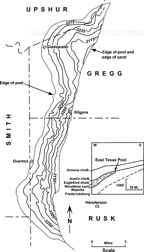 Structure map on top of the Woodbine Sand in the East Texas pool. As shown in the cross section insert, the intersection of two unconformity surfaces marks the eastern boundary of this unconformity trap.