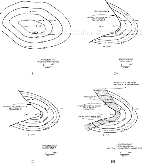 Construction of a map of the top of a reservoir trapped beneath an unconformity. (a) Contour map on an unconformity surface based on both electric log and seismic correlation data. (b) The termination of the top of Unit A is defined by the intersection of the unconformity with the top of Unit A. (c) The intersection of the base of Unit A with the unconformity surface defines the western limit of this oil reservoir Unit A. (d) Map of the top of the reservoir. An unconformity wedge zone is defined as the area between the unconformity traces on the top and base of the sand unit. The map of the wedge zone is a copy of the map of the unconformity in that area. The maps of the wedge zone and the top of Unit A are combined to form the top of reservoir map.